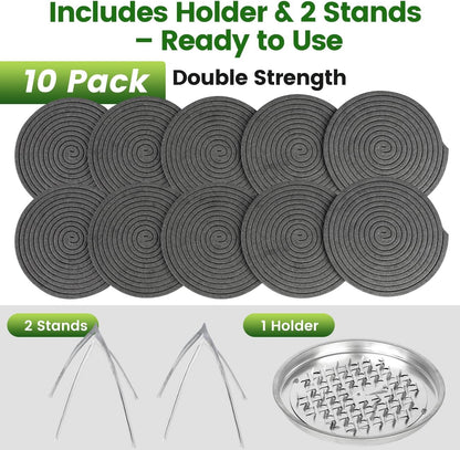 Livestock Mosquito & Fly Repellent Coils 10 Pack, Natural Citronella for Cattle, Horses, Goats, Chickens, 12-Hour Burn Time, Farm & Stable Outdoor Insect Protection, with 1 Holder & 2 Stands