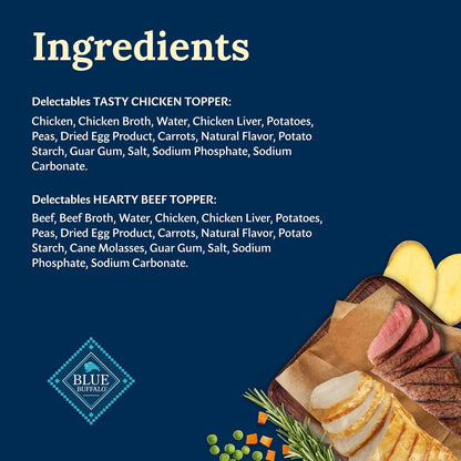 Blue Buffalo Delectables Natural Wet Dog Food Toppers Variety Pack, Tasty Chicken & Hearty Beef, Cuts in Gravy, 3-oz. (12 Pouches, 6 of Each Flavor)