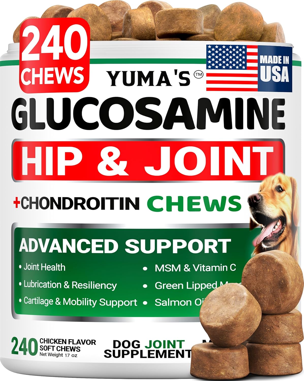 Glucosamine for Dogs - 240 Chews - Hip and Joint Supplement for Dogs - Advanced Glucosamine Chondroitin Treats with MSM - Joint Pain Relief - Large & Small Breed - Mobility Support - Made in USA