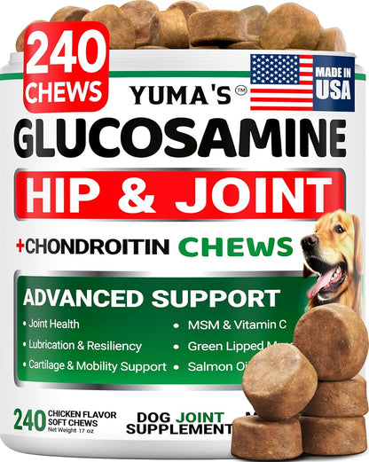 Glucosamine for Dogs - 240 Chews - Hip and Joint Supplement for Dogs - Advanced Glucosamine Chondroitin Treats with MSM - Joint Pain Relief - Large & Small Breed - Mobility Support - Made in USA