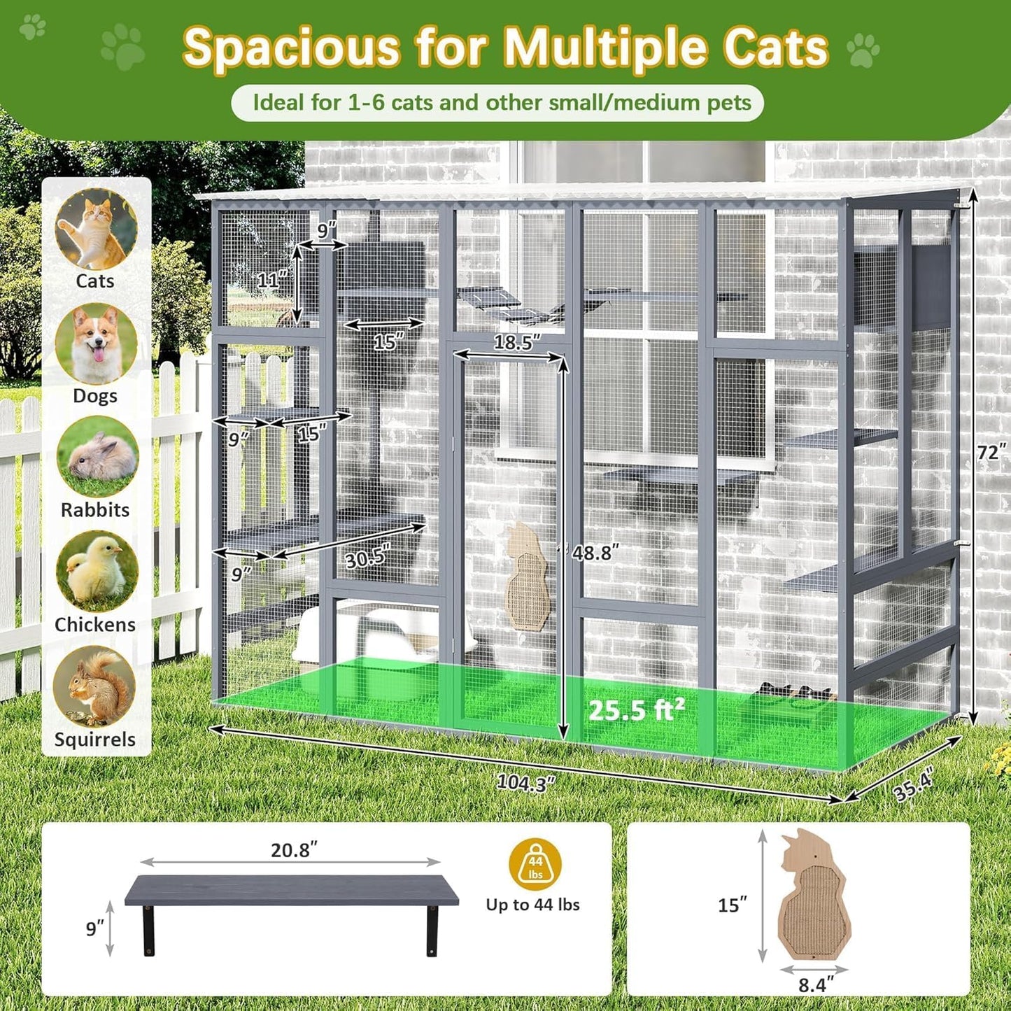 COZIWOW Catio Outdoor Cat Enclosure Window, 104" Wooden Large Catio Outside Cattery for Multiple Cats with Sloped Waterproof Cover, Grey
