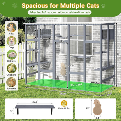 COZIWOW Catio Outdoor Cat Enclosure Window, 104" Wooden Large Catio Outside Cattery for Multiple Cats with Sloped Waterproof Cover, Grey