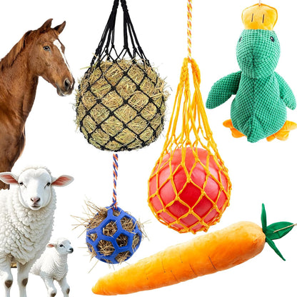 Horse Toys for Horses 5 PCS Set, Goats Enrichment Toys, Including Hay Net, Hay Ball, Toy Ball, Squeaky Duck, Plush Carrot Toy with Hanging Ropes for Goat,Sheep to Play with, Relieve Stress