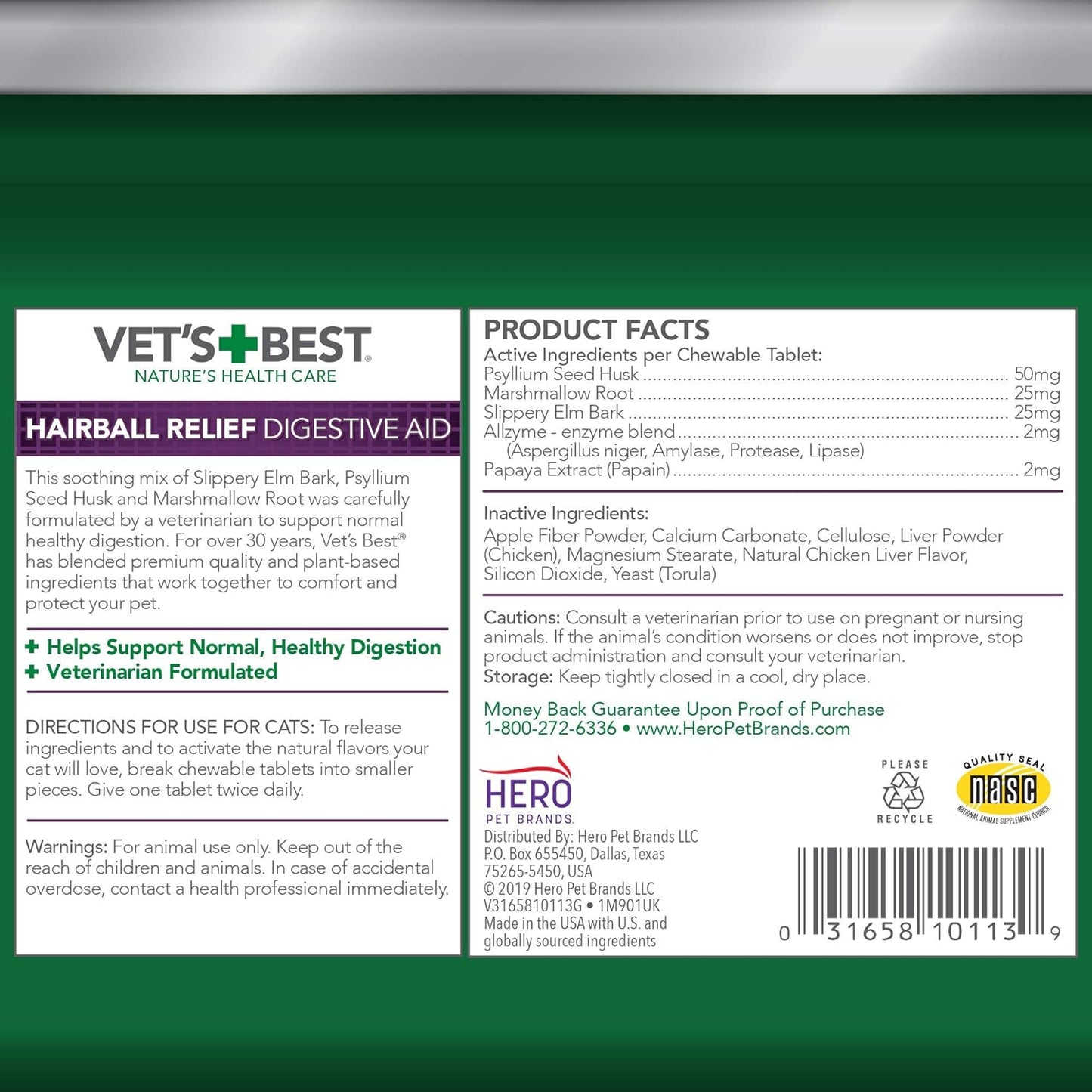 Vet’s Best Cat Hairball Relief Digestive Aid, Vet Formulated Hairball Support Remedy, Hairball Relief for Cats, Classic Chicken Flavor, 180 Chewable Tablets