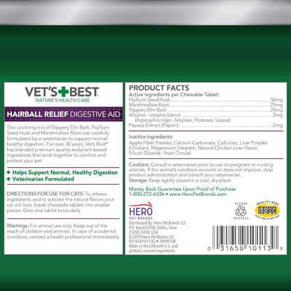 Vet’s Best Cat Hairball Relief Digestive Aid, Vet Formulated Hairball Support Remedy, Hairball Relief for Cats, Classic Chicken Flavor, 180 Chewable Tablets