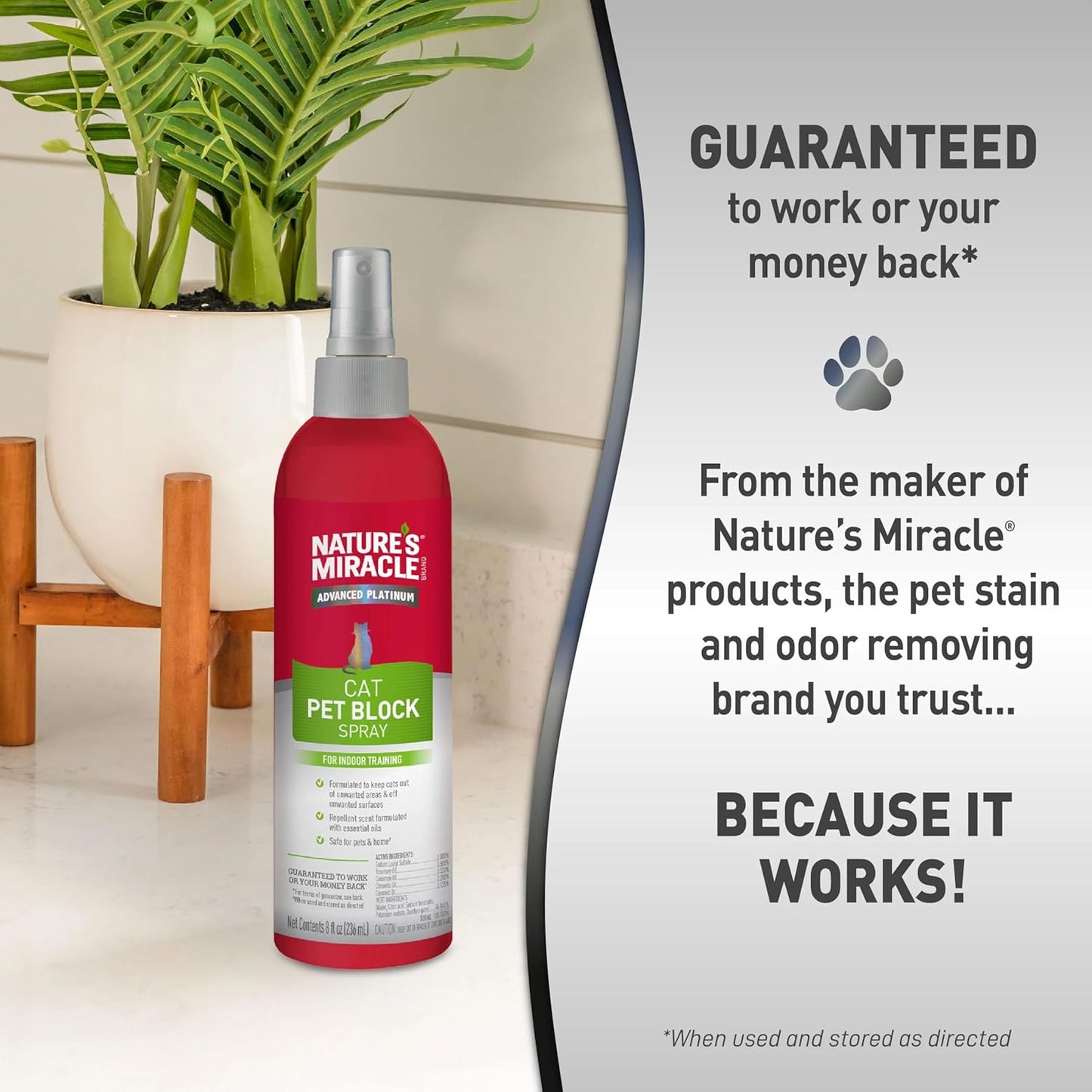 Nature's Miracle Advanced Platinum Cat Pet Block Repellent Spray, 8 Ounces, Indoor Training Aid for Cats