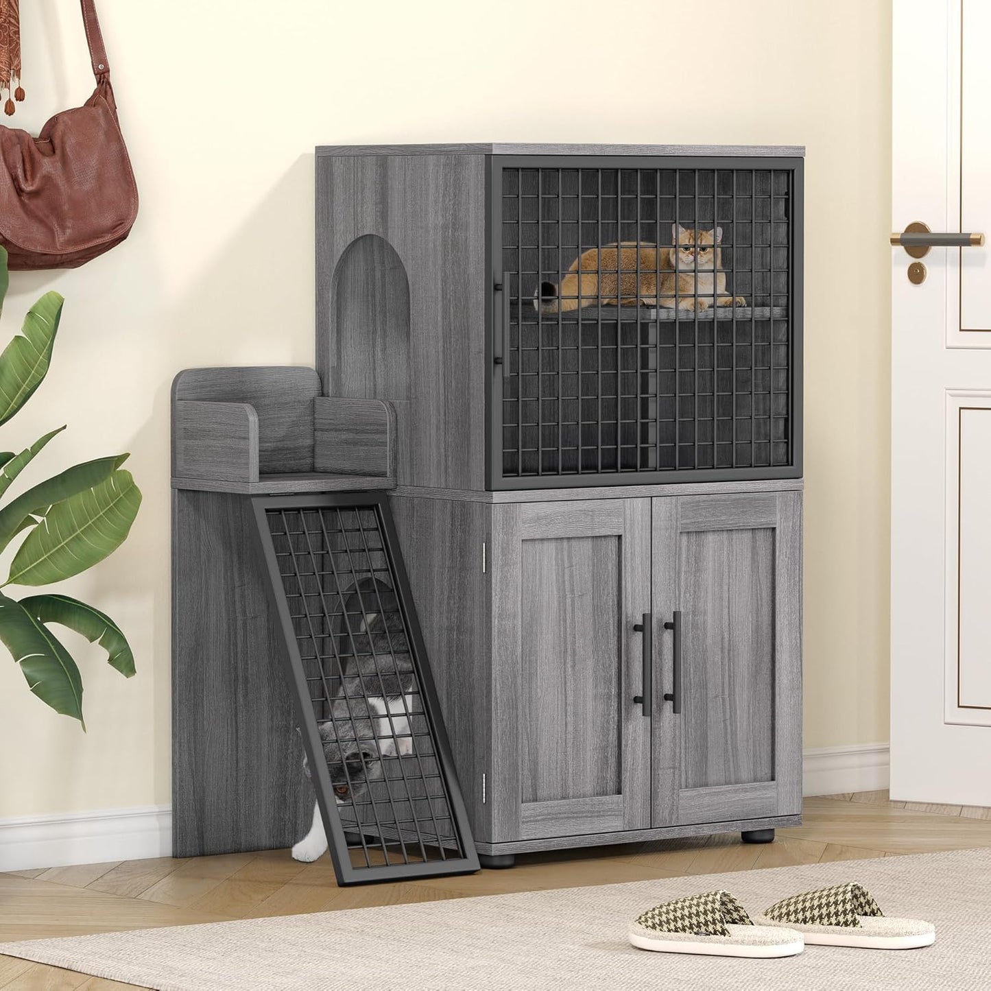Modern Cat Litter Box Enclosure Furniture with Platform, 41.9" Double Layer Hidden Cat House with Ladder, Indoor Washroom Villa Cabinet for Large Cats, Wax Wood Color