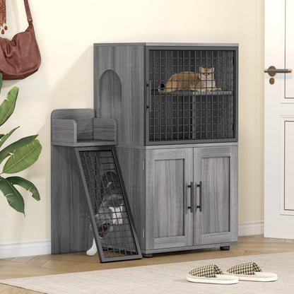 Modern Cat Litter Box Enclosure Furniture with Platform, 41.9" Double Layer Hidden Cat House with Ladder, Indoor Washroom Villa Cabinet for Large Cats, Wax Wood Color