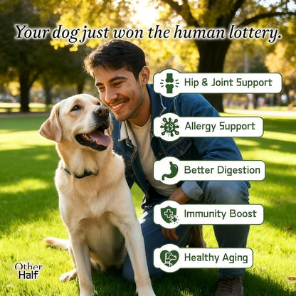 Other Half Dog Multivitamin – Daily Support for Joints, Gut, Allergies, Immune System, Urinary Tract, Skin, and Coat. Contains chondroitin, Omega-3, Dog probiotics, and 45 Active Ingredients