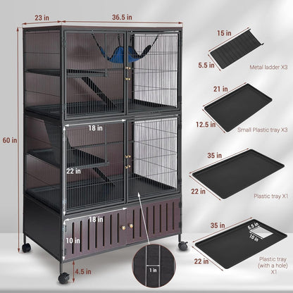 60" Large Metal Ferret Cage, Multi-Level Chinchilla Cages with Lockable Doors,3 Metal Ramps, 4 Wheels, Small Animal Cage with PP Trays & Storage Cabinet for Chinchillas, Ferrets, Guinea Pigs, Rats