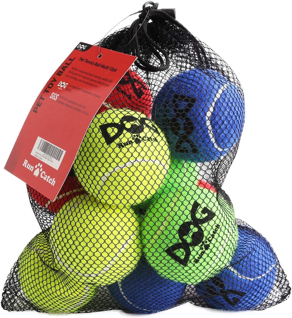 Tennis Balls for Dogs - 12 Pack 2.5'' Durable Non-Toxic Outdoor Dog Toys Balls with Mesh Bag, SGS Certified, Colorful Fetch Toys, Medium Large Breeds (Non Squeaky)