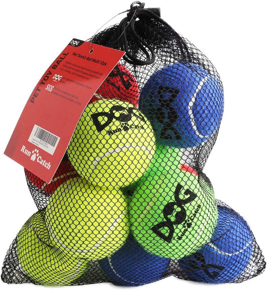 Tennis Balls for Dogs - 12 Pack 2.5'' Durable Non-Toxic Outdoor Dog Toys Balls with Mesh Bag, SGS Certified, Colorful Fetch Toys, Medium Large Breeds (Non Squeaky)
