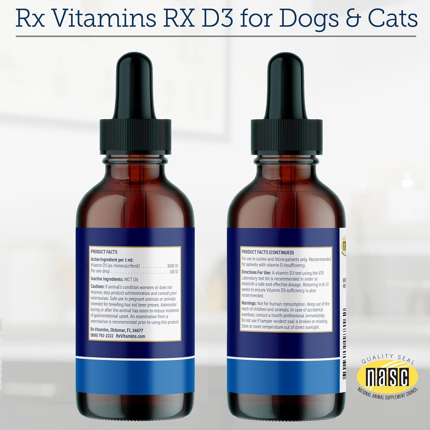 Rx Vitamins Rx D3 - Cat & Dog Vitamins Liquid D3 Drops in MCT Oil - Vitamin D for Dogs & Cats to Manage Deficiency - Aids in Dog Immune Support and Calcium Absorption - Pet Vitamin D3-2oz