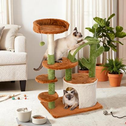Cactus Cat Tree for Indoor Cats, Multi-Level Tower with Sisal Scratching Posts, Stable Cat Condo with Perches and Steps, 36.6", Brown