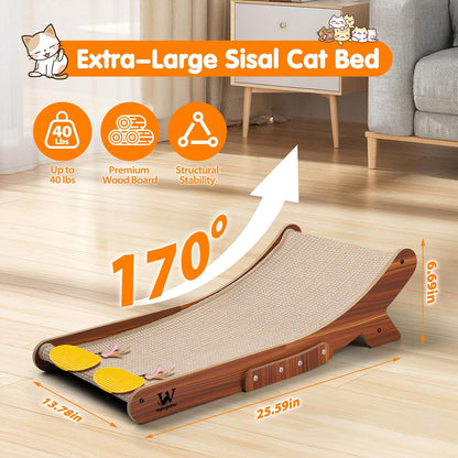 Sisal Cat Scratcher Bed, Natural Solid Wood Scratch Lounger, No Mess Scratching Chair Couch for Indoor Cats, 25.6 Inch Cat Scartching Pad, 3 in 1 Scratching Board, Furniture Protector