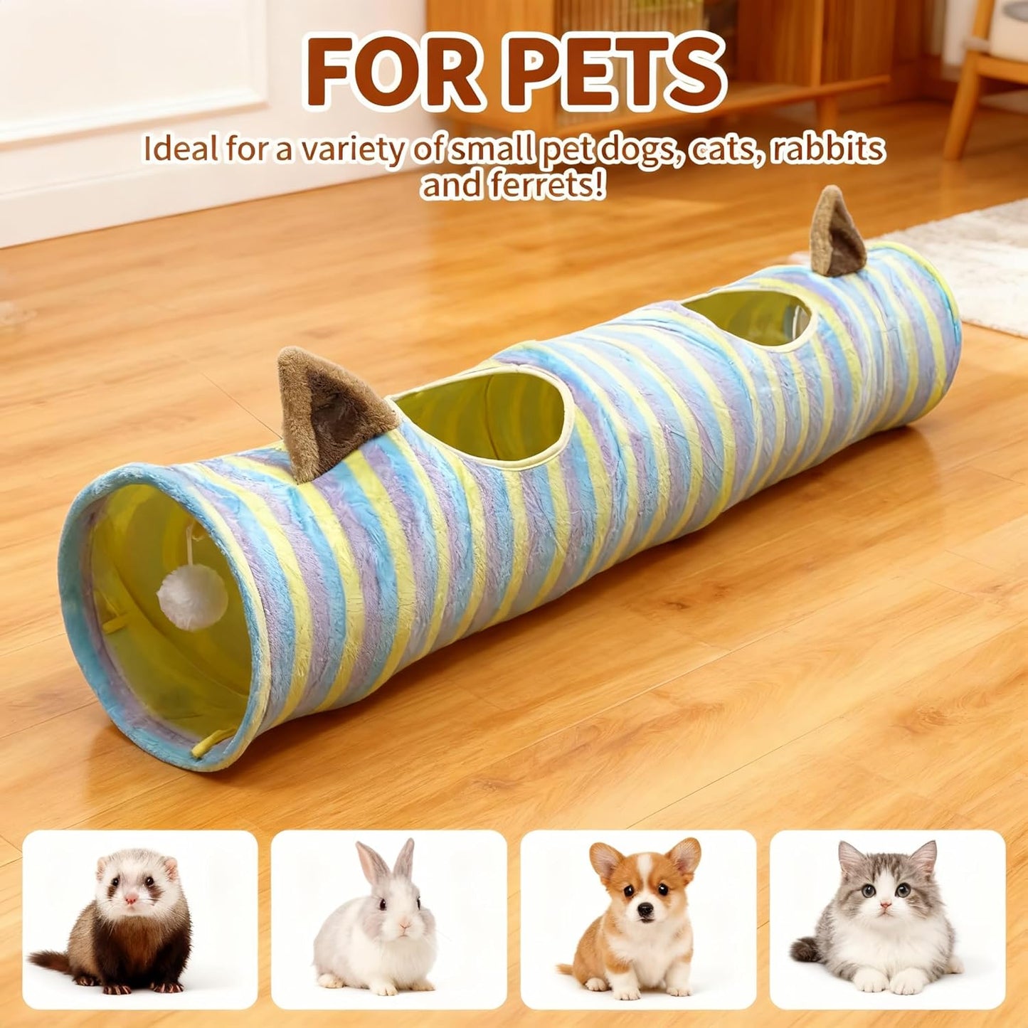 Cat Tunnel for Indoor Cats, Cats Toys Collapsible Tunnel Straight Tube with Fun Ball and 2 Holes, Pet Tunnels for Rabbits, Kittens, Ferrets, Puppy, Diameter 9.8 Inch