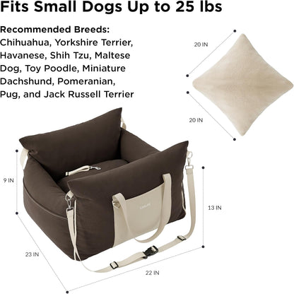 Lesure Small Dog Car Seat for Small Dogs - Soft Dog Booster Seat for Car with Storage Pocket and Clip-On Safety Leash and Thickened Memory Foam Filling, Pet Travel Carrier Bed Brown