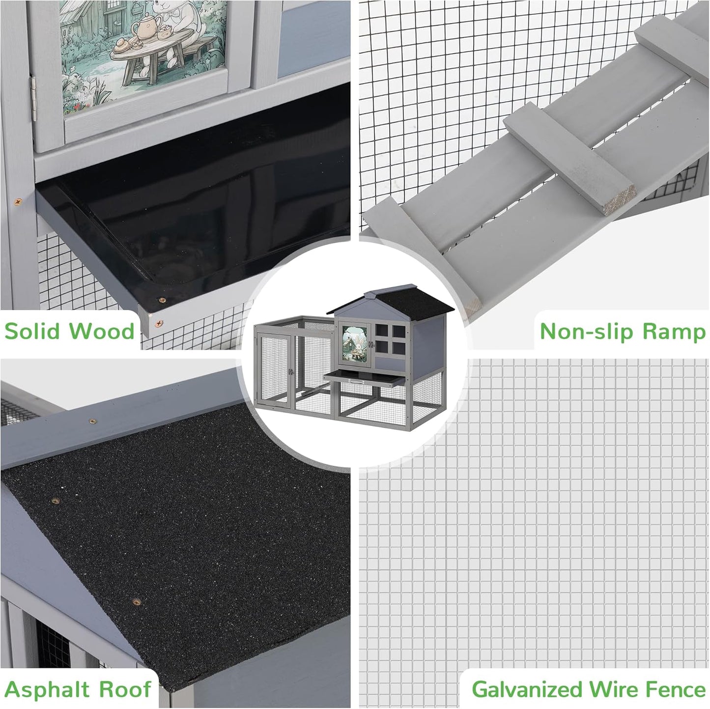 48" L Large Rabbit Hutch Outdoor Indoor, Expandable 2-Story Wooden Bunny Cage with Run, Removale Tray, 3 Entrances, Grey + Colorful Pattern