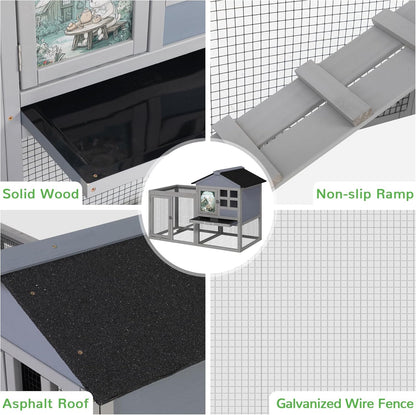 48" L Large Rabbit Hutch Outdoor Indoor, Expandable 2-Story Wooden Bunny Cage with Run, Removale Tray, 3 Entrances, Grey + Colorful Pattern