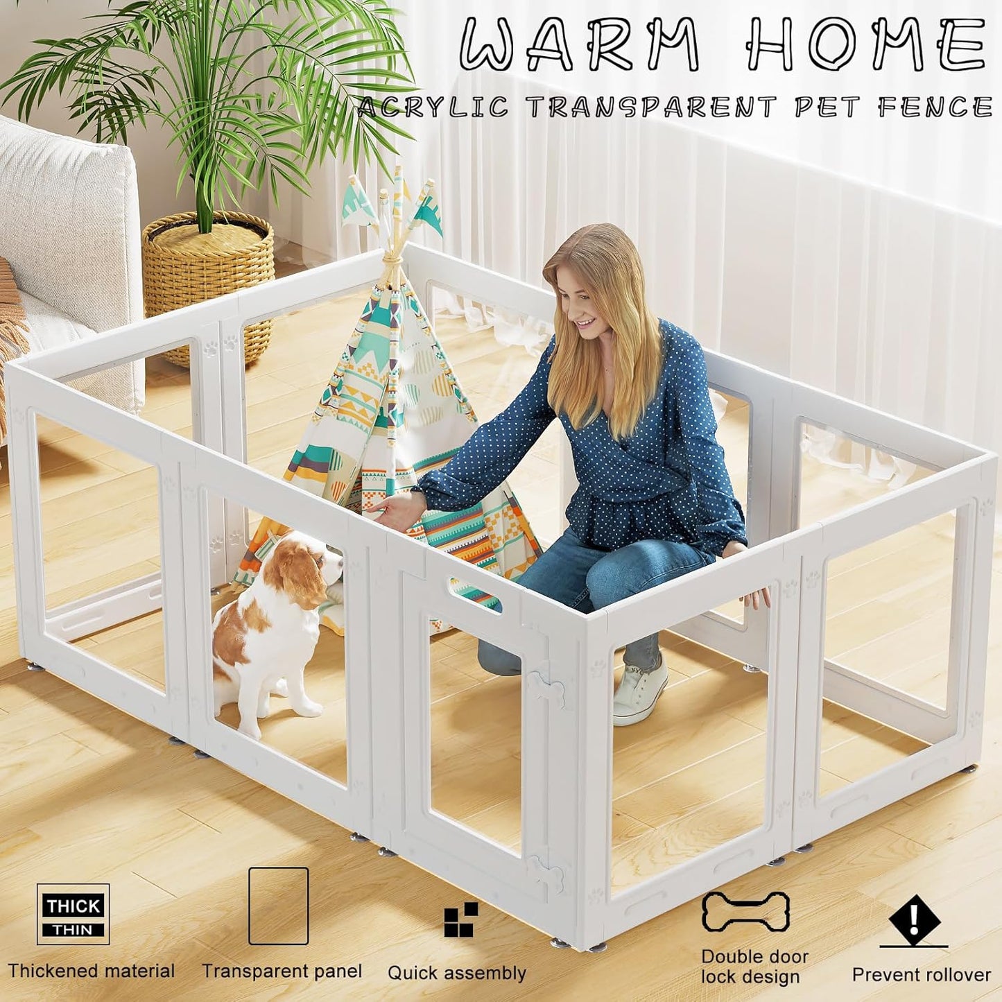 Clear Acrylic Dog Playpen with Door,23.6" Puppy Playpen,Easy Assemble Pet Fence,10-Panel for Puppies/Small Dog Play Pen Indoor (White, 23.6 Inch-H, 10 Panel)