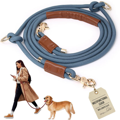 Tails & Tales Hands Free Dog Leash for Walking Running Training, Adjustable Lead Up to 9.8ft, Dogs Up to 125lbs, Crossbody, Dual Handle, Multifunctional, Double Attachment for 2 Dogs (Tapestry Blue)