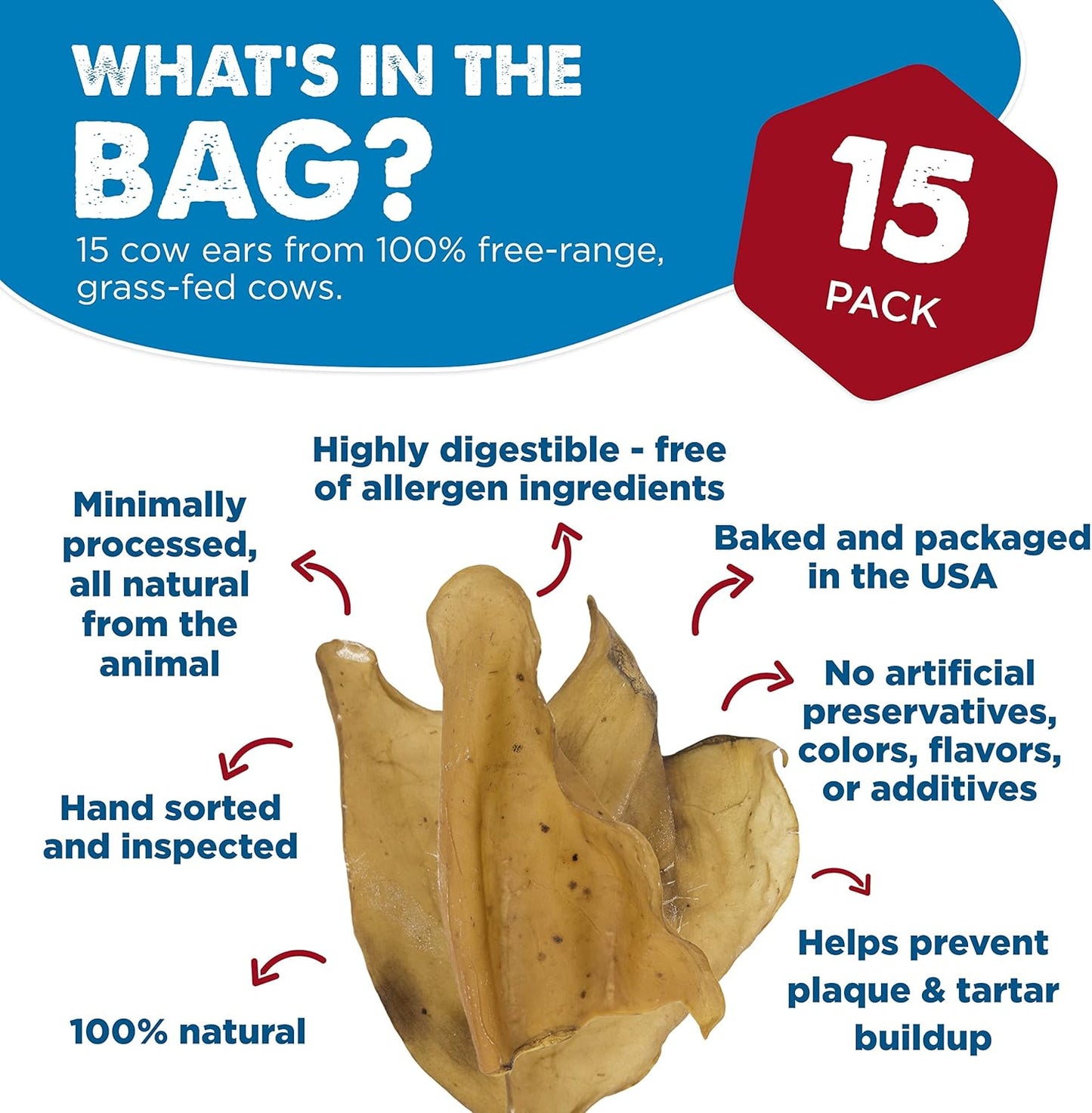 Best Bully Sticks Cow Ears for Dogs - 15 Count (Pack of 1) - Natural, Free-Range Grass-Fed, Single Ingredient, High Protein, Easily Digestible, Great for Various Breeds