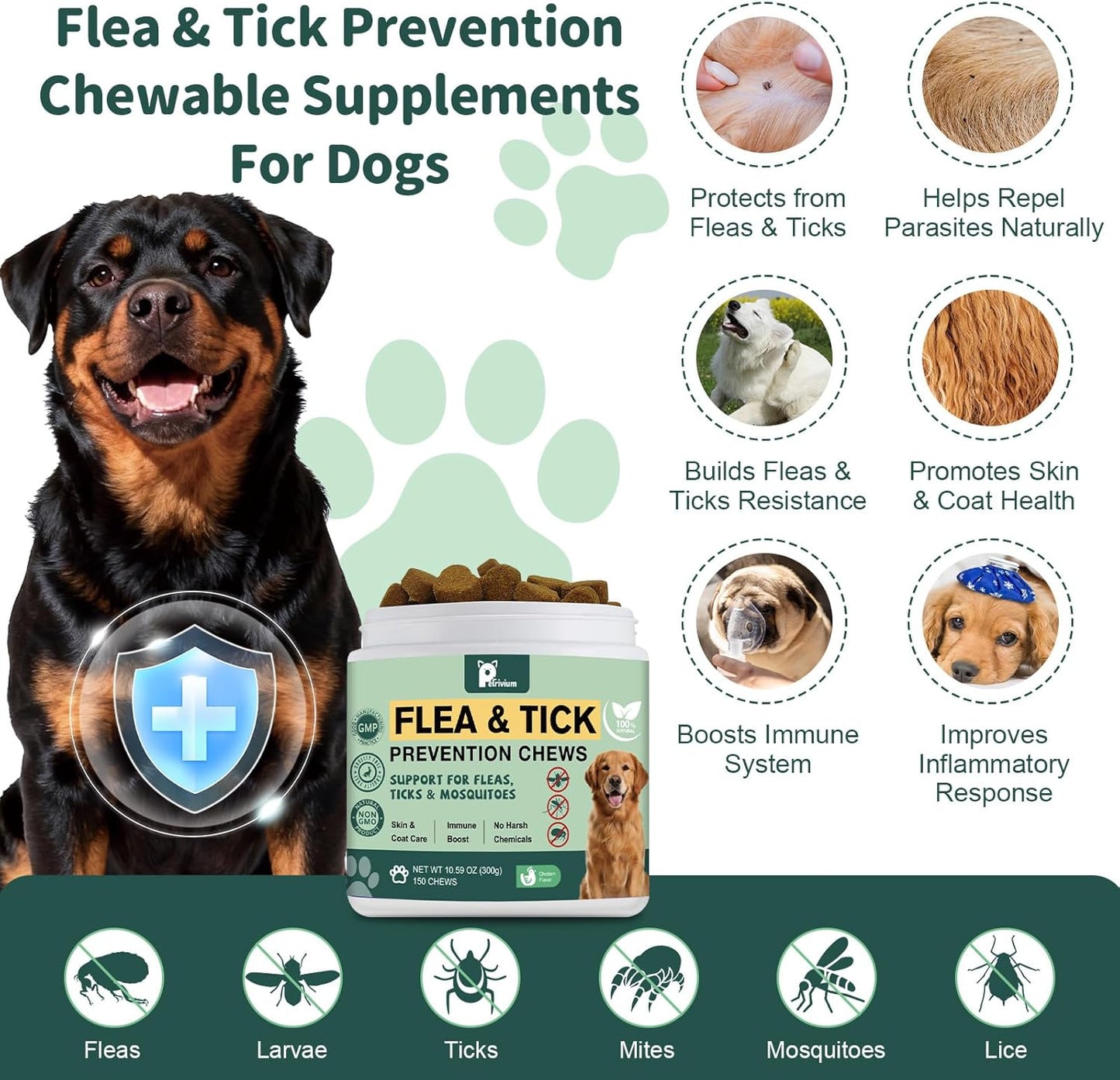 Dogs Flea and Tick Prevention Treatment Chewable, Natural Soft Chew for Fleas Ticks Treatment Support Supplement - Oral Flea Pills- Flea and Tick Chews - All Breeds & Sizes - 150 Soft Treats (Chicken)