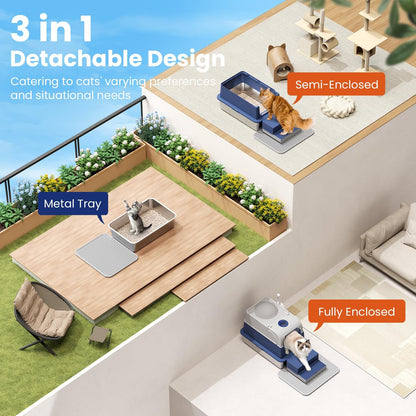 Stainless Steel Litter Box with Lid, XXL Top Entry Extra Large Litter Box Enclosure for Kitty & Big Cats, Non-Stick Metal Cat Pan with Dual Storage Footboard, Trapping Mat & Scoop Included