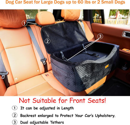 Dog Car Seat for Large Dogs up to 60 lbs or 2 Small Dogs with 4" Memory Foam, Medium Pet Booster Seat Cover with Triple Safety Belts, Adjustable Leashes, Detachable/Washable (Dark Black, Large)