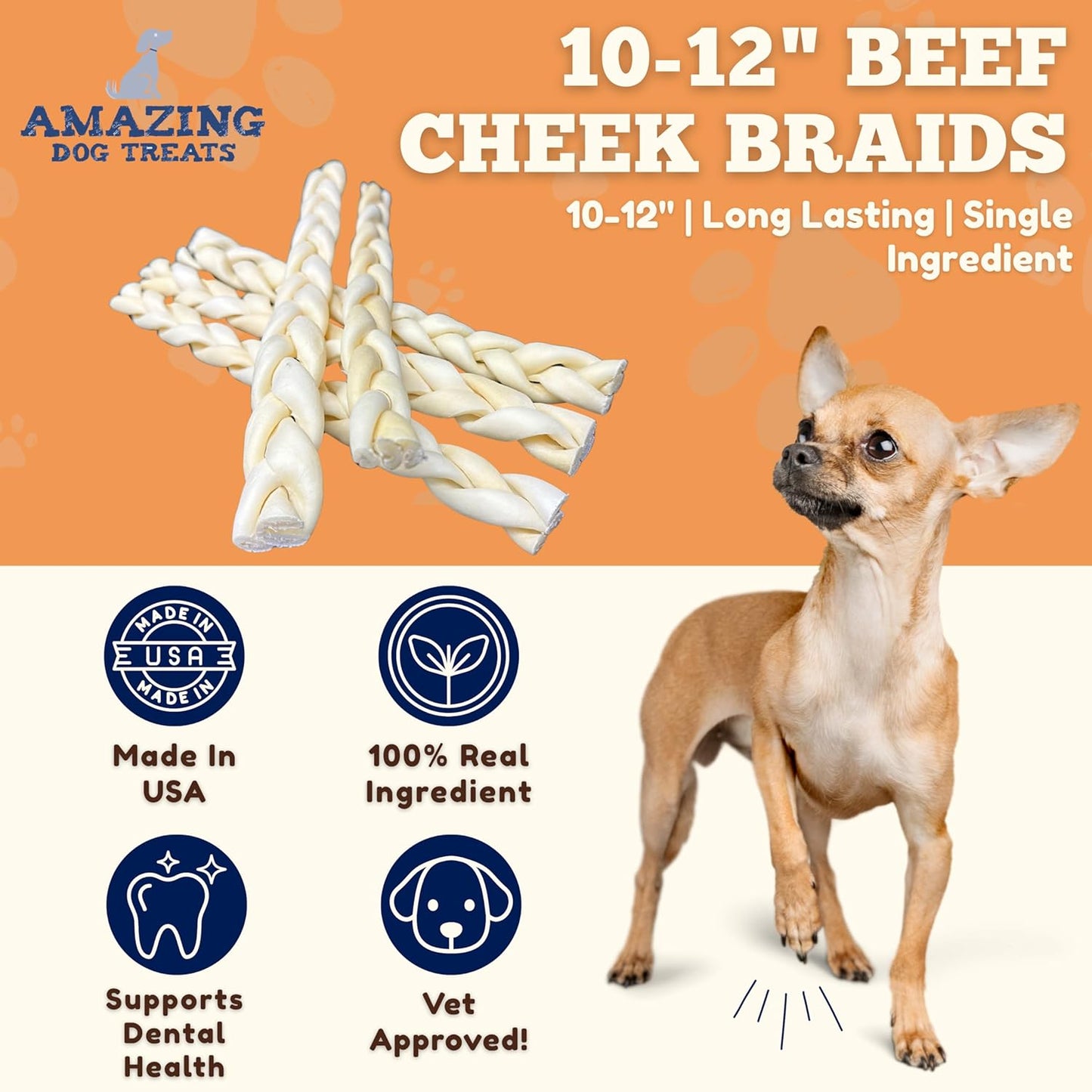 Amazing Dog Treats - Beef Cheek Braids Dog Chew (10-12 Inch - 25 Count) - NO Odor - Rawhide Alternative - Beef Cheek Slice Chip Sticks - No Dyes, Chemicals, or Preservatives