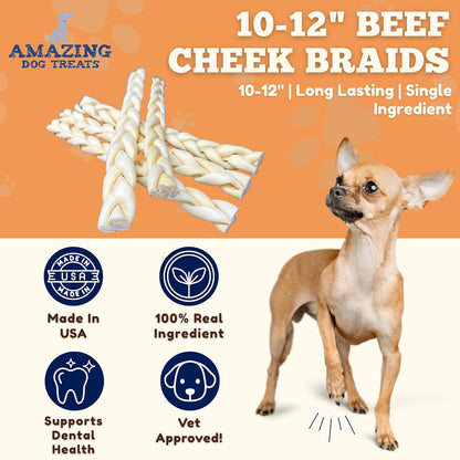 Amazing Dog Treats - Beef Cheek Braids Dog Chew (10-12 Inch - 25 Count) - NO Odor - Rawhide Alternative - Beef Cheek Slice Chip Sticks - No Dyes, Chemicals, or Preservatives