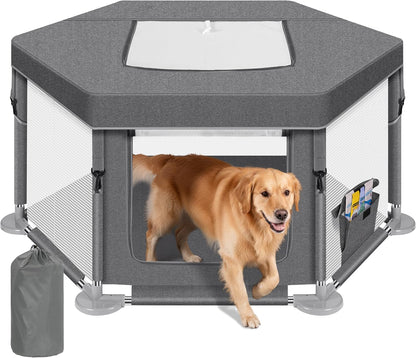 Dog Play Pen Indoors, Puppy Playpen with Cover for Small Dogs & Cats, Puppy Playpen with Gate, Indoor & Outdoor Dog Fence with Thickened Fabric