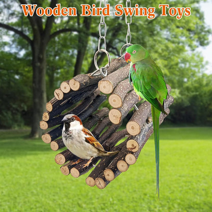 BNOSDM Wooden Bird Tunnel Parrot Swing Toys Natural Hanging Nest and 2 Pack Bird Perch Platform Stainless Steel Parrot Perches for Parakeets, Budgies, Conures, Cockatiels, Lovebirds
