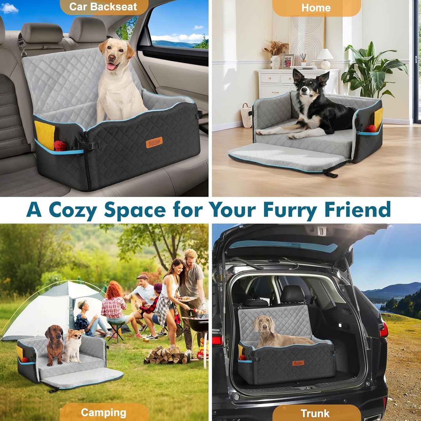 Large Dog Car Seat, Dog Car Bed for Large Dogs Under 60 lbs or 2 Small Breeds, Comfortable Pet Booster Seat with Memory Foam Thick Cushion, Detachable & Washable Pet Bed for Backseat, Black+Grey