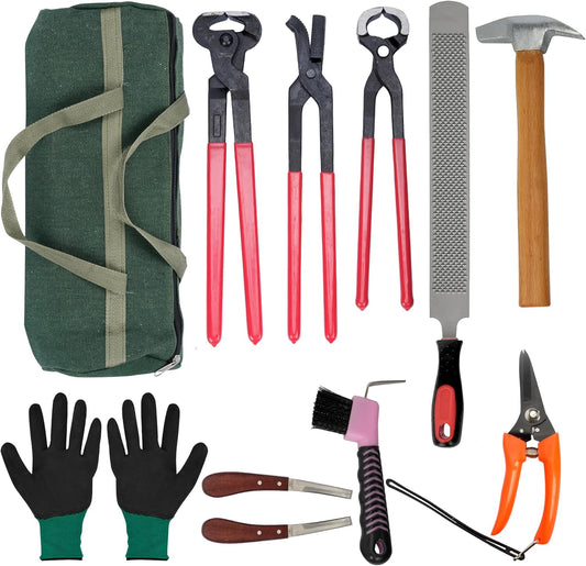 12Pcs Farrier Tools Kit Hoof Trimming Tools with Tool Bag, Hoof Nippers, Horseshoe Cutting Pliers, Goat Hoof Trimmers Shear, Hoof Rasp File, Horseshoe Brush, Hoof Knife, Hoof Hammer, Gloves