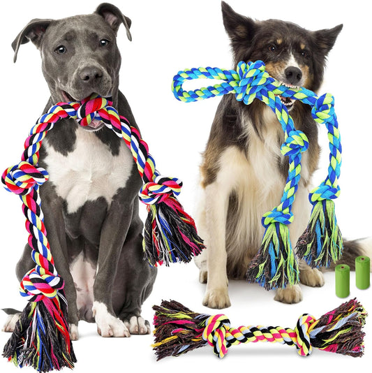 Tough & Strong Dog Toy for Aggressive Chewers – Tough Chew Toys for Large Dogs, Ideal for Tug-of-War & Teeth Cleaning, with 3 Rope Toys & 2 Dog Bags