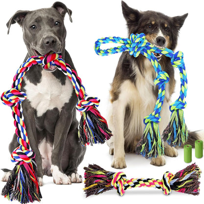 Tough & Strong Dog Toy for Aggressive Chewers – Tough Chew Toys for Large Dogs, Ideal for Tug-of-War & Teeth Cleaning, with 3 Rope Toys & 2 Dog Bags