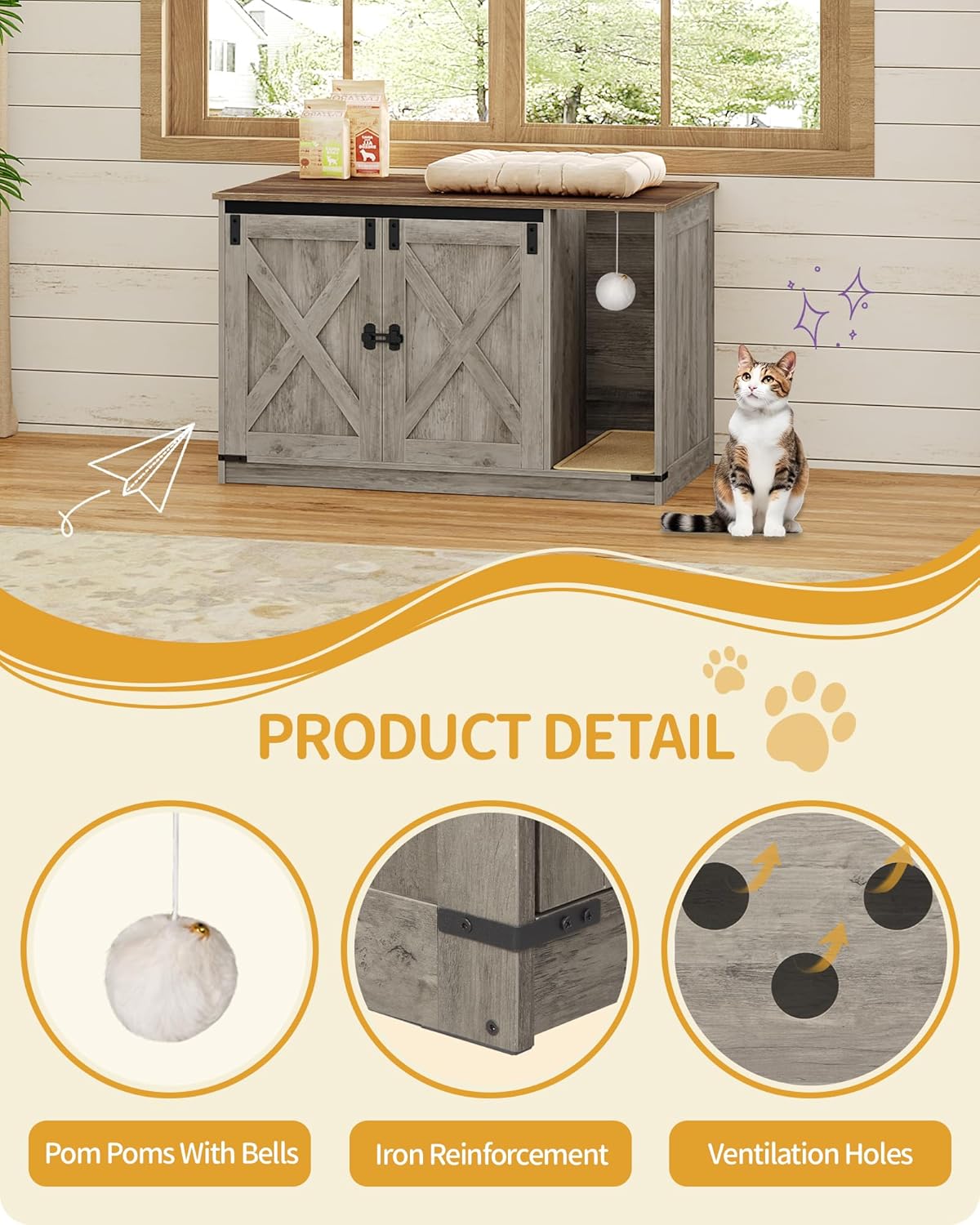 Cat Litter Box Enclosure, Hidden Litter Box Cabinet Furniture with Bell, Indoor Cats House, Farmhouse Style, 39.4 x 21.7X 24.8 Inches, for Hallway, Bedroom, Greige CB85205X