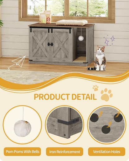 Cat Litter Box Enclosure, Hidden Litter Box Cabinet Furniture with Bell, Indoor Cats House, Farmhouse Style, 39.4 x 21.7X 24.8 Inches, for Hallway, Bedroom, Greige CB85205X