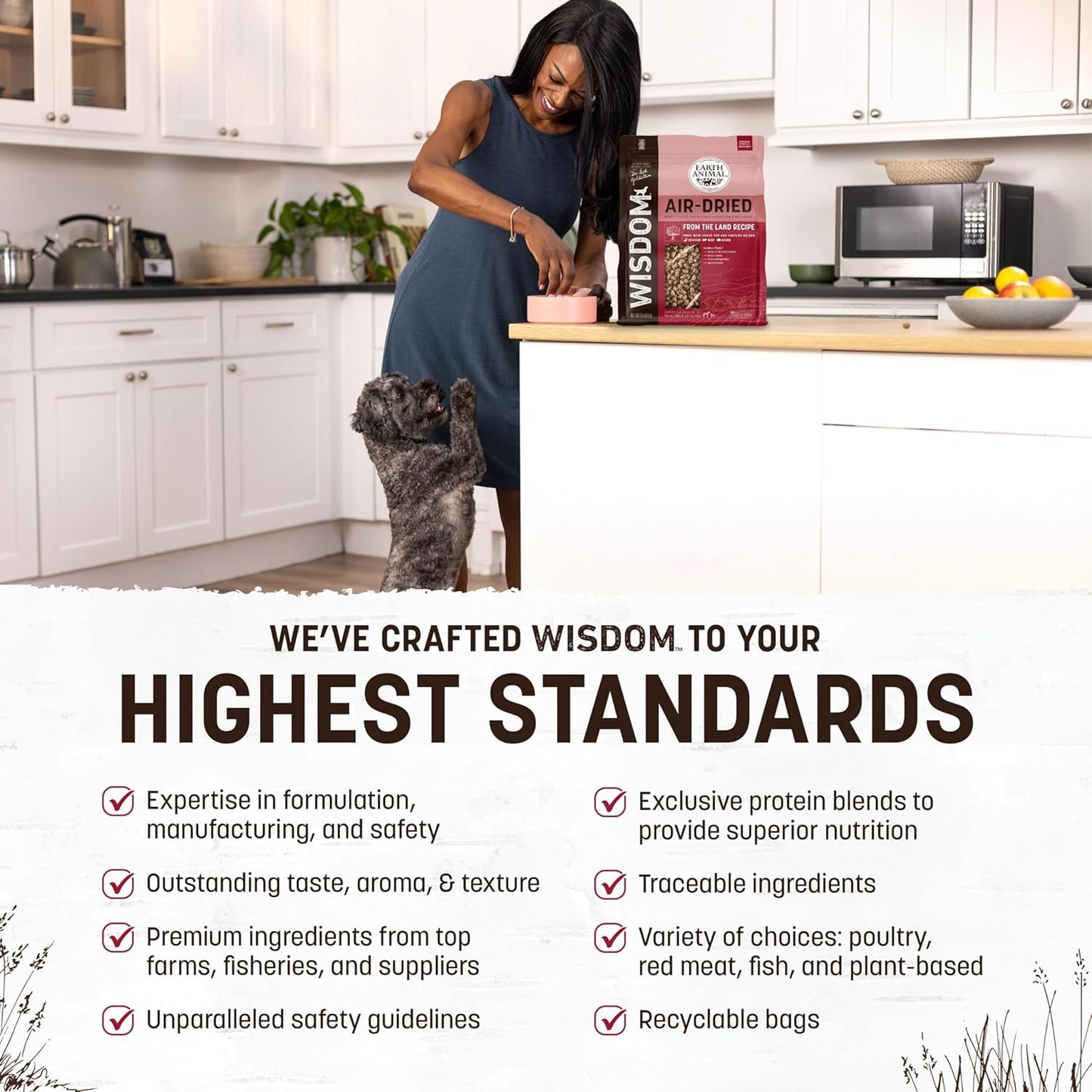 Earth Animal Wisdom Air Dried Dog Food - From the Land Recipe Premium Natural Dry Dog Food for All Breeds & Ages - 2 Lbs Bag