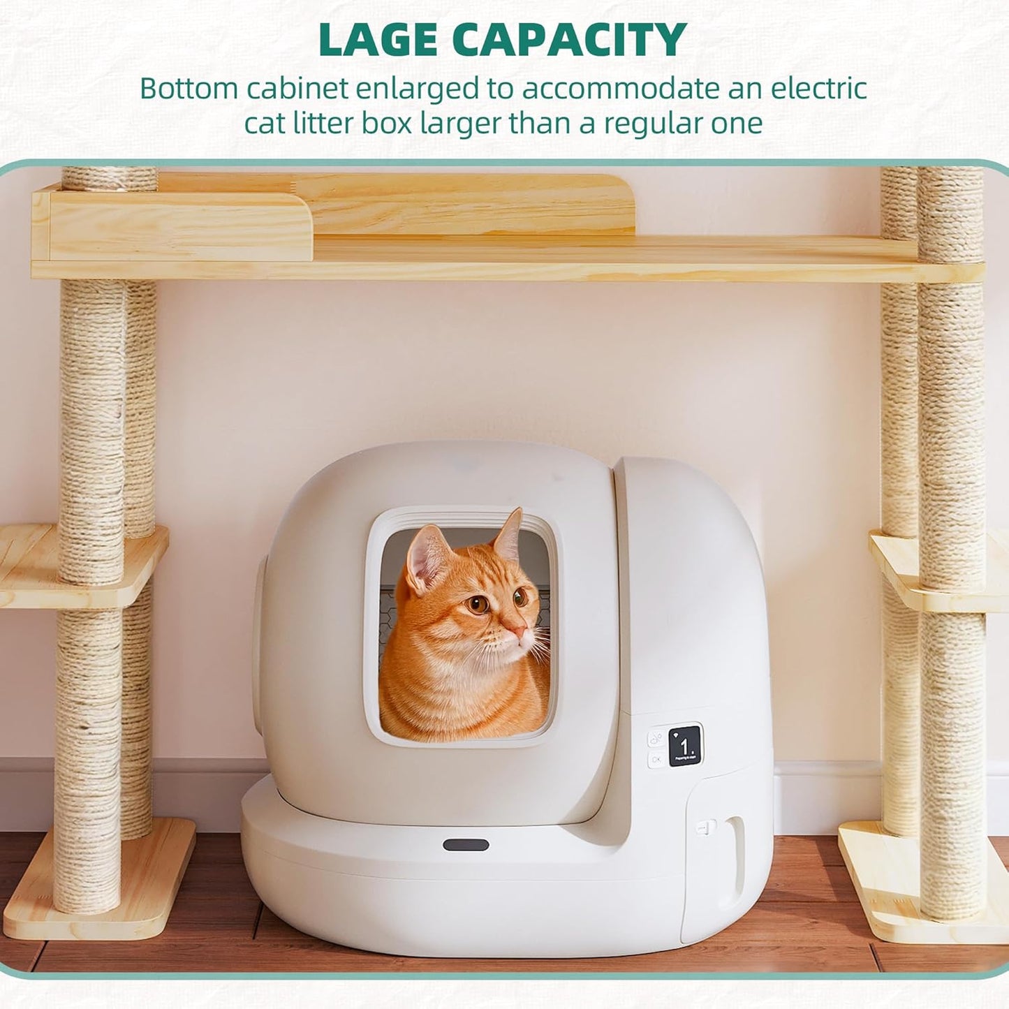 Wood Cat Tree for Automatic Litter Box, 60" Tall Cat Tower for Self Cleaning Litter Box, Cats Tree for Indoor Cats Large Adult, Multi-Level Solid Wood Cat Furniture w/Scratching Post, House