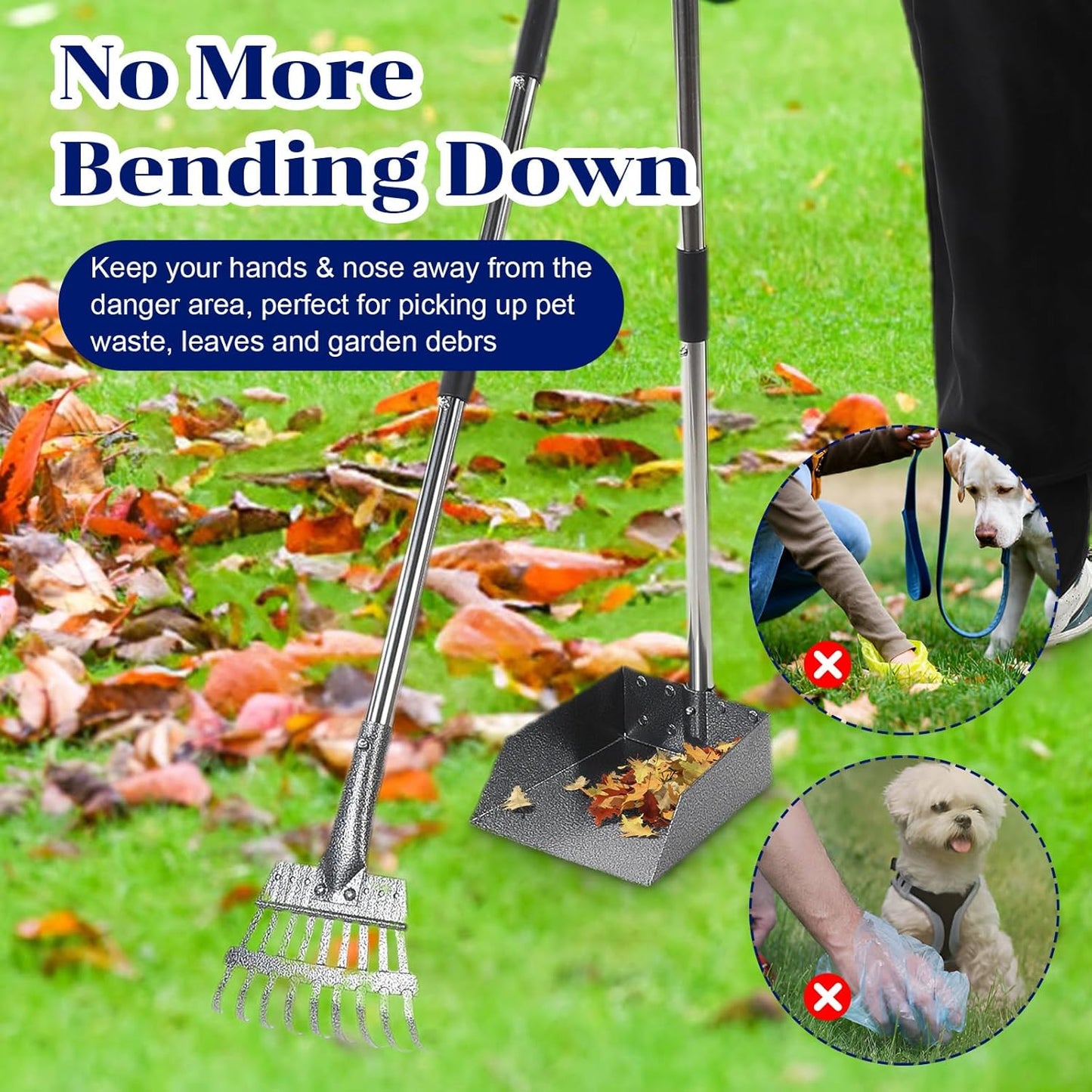 3 Pcs Dog Pooper Scooper Tray Shovel & Rake Kit, Heavy Duty Dog Poop Scooper with Adjustable Metal Long Handle, Portable Large Dogs Poop Picker Upper for Yard, Walks, Grass & Garden Leaves