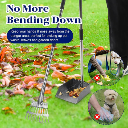 3 Pcs Dog Pooper Scooper Tray Shovel & Rake Kit, Heavy Duty Dog Poop Scooper with Adjustable Metal Long Handle, Portable Large Dogs Poop Picker Upper for Yard, Walks, Grass & Garden Leaves