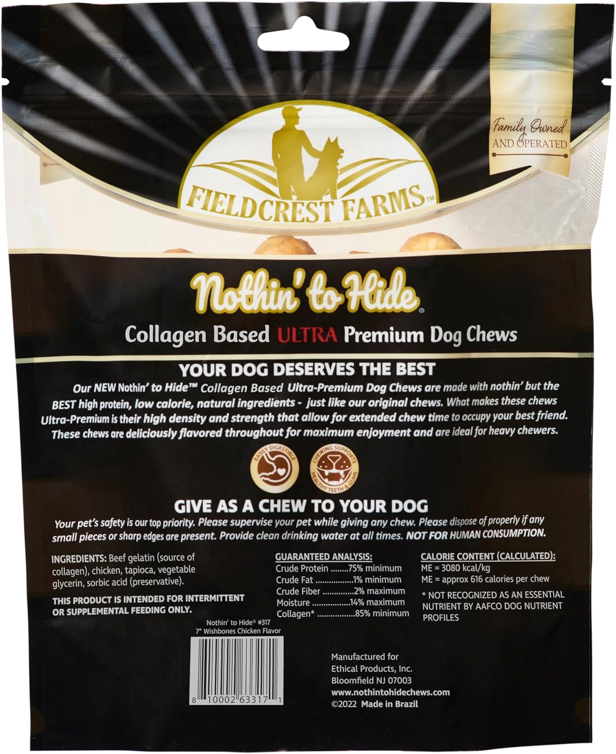 Fieldcrest Farms Nothin' to Hide Collagen-Based Dog Chews, Wishbone, Chicken Flavor, Ultra-Premium, for Dogs Over 50lbs, Easily Digestible, Supports Skin, Coat, Joints & Muscles, 7-Inch, 2 Pieces