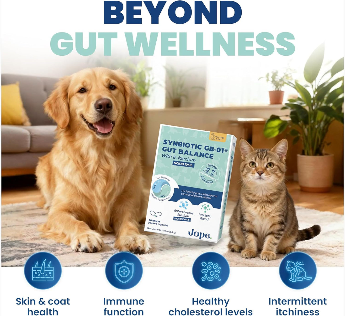 Jope Synbiotic GB-01® - Prebiotics and Probiotics for Dogs & Cats - Clinically Proven Formula - Vet Formulated for Gut Health, Stool Quality, Diarrhea, Immunity, Skin & Coat - 30 Gut Powder Capsules