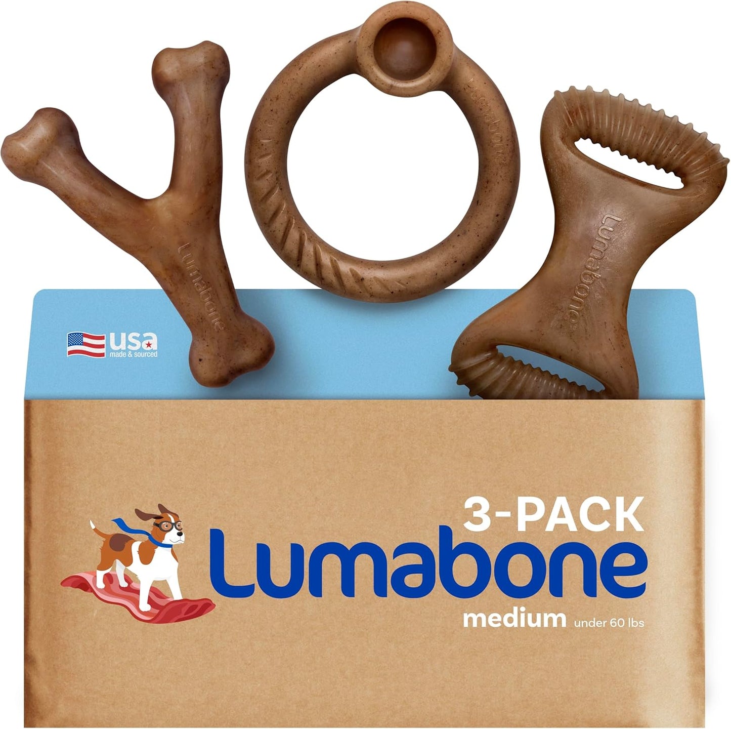 Lumabone Real Bacon 3-Pack Dog Toys for Aggressive Chewers,Wishbone, Dental Chew, Ring Bacon Medium