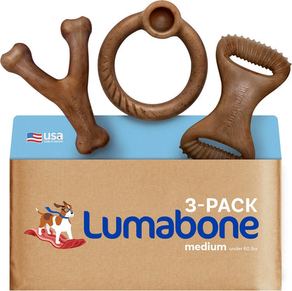 Lumabone Real Bacon 3-Pack Dog Toys for Aggressive Chewers,Wishbone, Dental Chew, Ring Bacon Medium