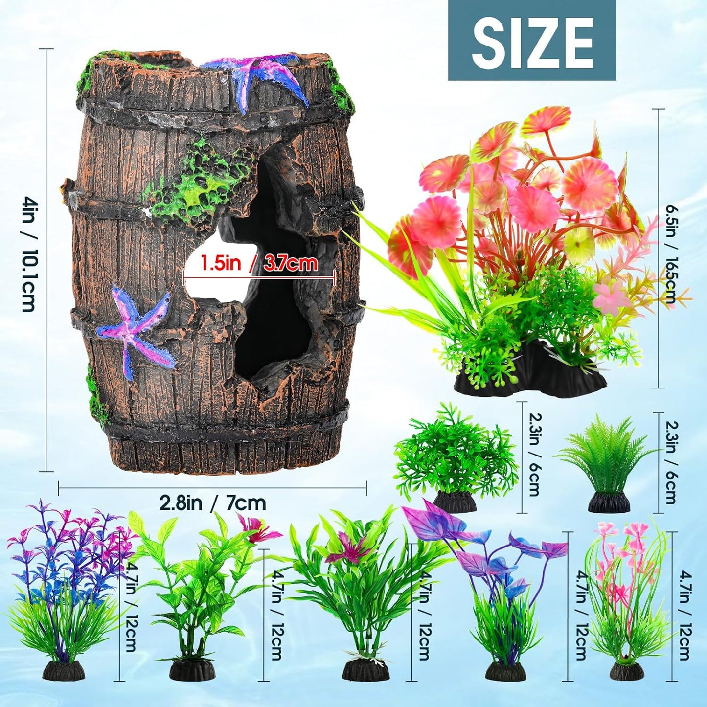 CousDUoBe Fish Broken Barrel Decor Fish Tank Decorations Betta Fish Tank Accessories,Starfish Barrel x 1pc, Aquarium Plants x 8pcs