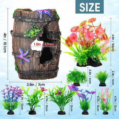 CousDUoBe Fish Broken Barrel Decor Fish Tank Decorations Betta Fish Tank Accessories,Starfish Barrel x 1pc, Aquarium Plants x 8pcs