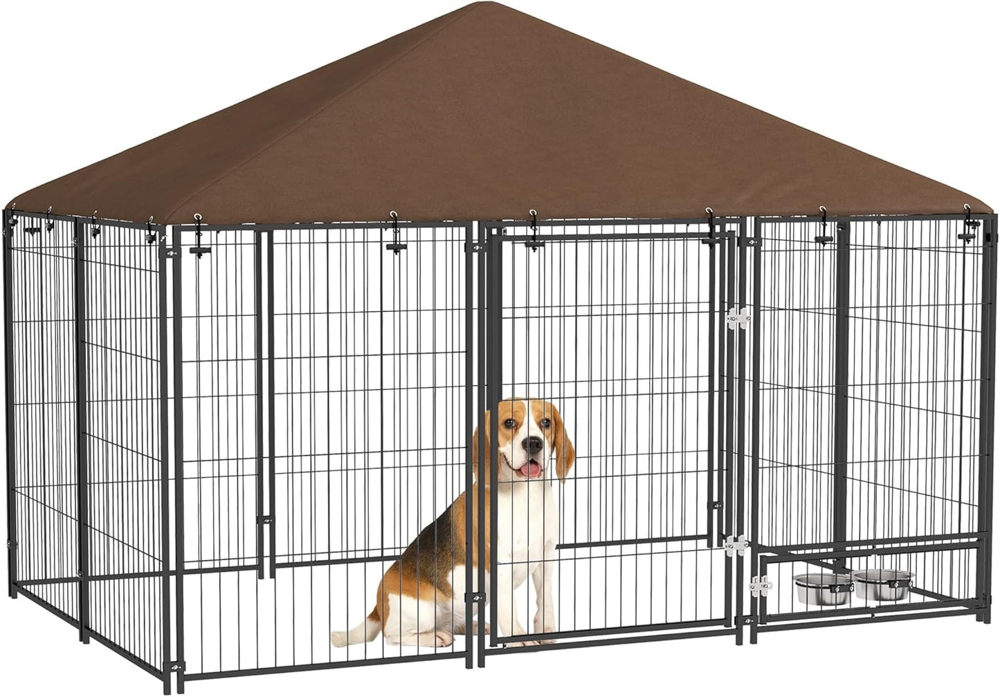 PawHut Outside Dog Kennel, 6.9' x 4.6' x 5' Puppy Play Pen with Canopy, Garden Playpen Fence Crate Enclosure Cage Rotating Bowl, for Dogs, Chickens, Ducks, Black